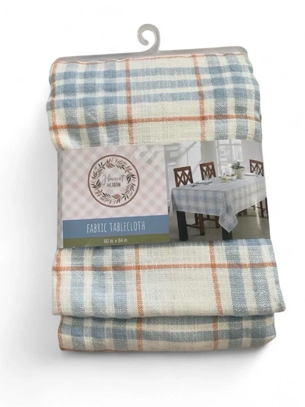 Blue & Tan Plaid Fabric Tablecloth